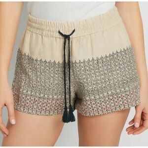 Loft Linen Printed Drawstring Shorts Beige Multicolor Large